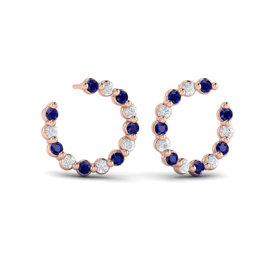 Forward-facing Diamond and Blue Sapphire  Open Hoop Earrings