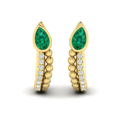 Pear Shaped Bezel Set Emerald and Diamond Huggie Earrings