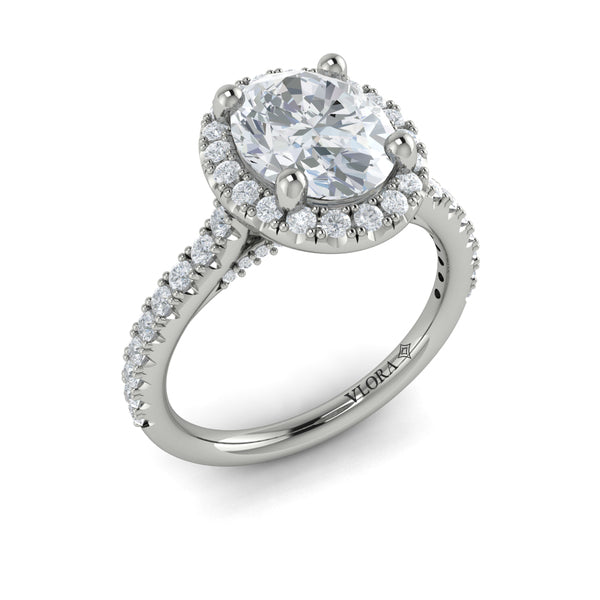 Oval Halo Engagement Ring in Platinum by Vlora Bridal