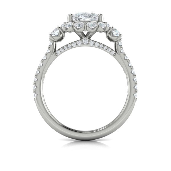 Oval Three Stone, Halo Engagement Ring in Platinum by Vlora Bridal