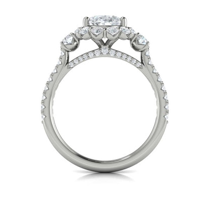Oval Three Stone, Halo Engagement Ring in Platinum by Vlora Bridal