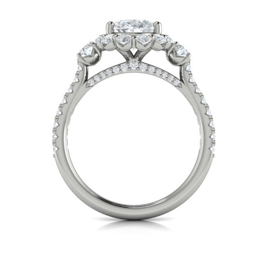 Oval Three Stone, Halo Engagement Ring in Platinum by Vlora Bridal
