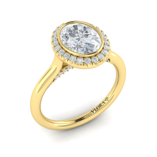 Oval Halo, Bezel Engagement Ring in 14K Yellow Gold by Vlora Bridal