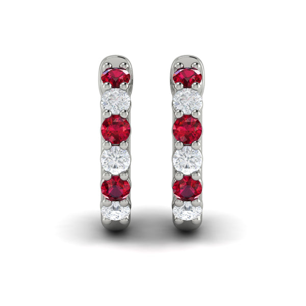 Forward-facing Diamond and Ruby  Open Hoop Earrings