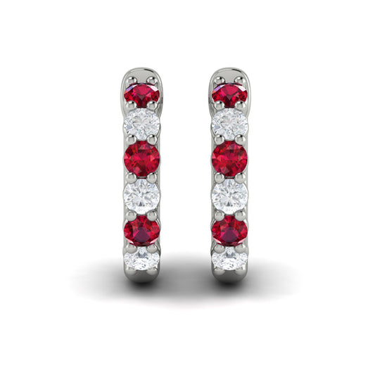 Forward-facing Diamond and Ruby  Open Hoop Earrings