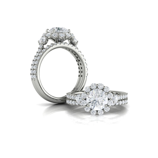 Round Three Stone, Halo Engagement Ring in Platinum by Vlora Bridal