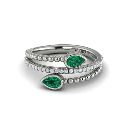 Bezel Set Pear shaped Emerald and Diamond Wrap Ring