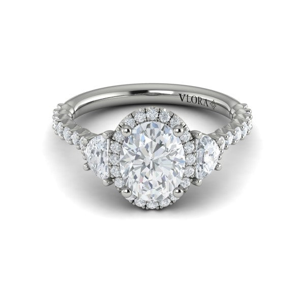 Oval Three Stone, Halo Engagement Ring in Platinum by Vlora Bridal