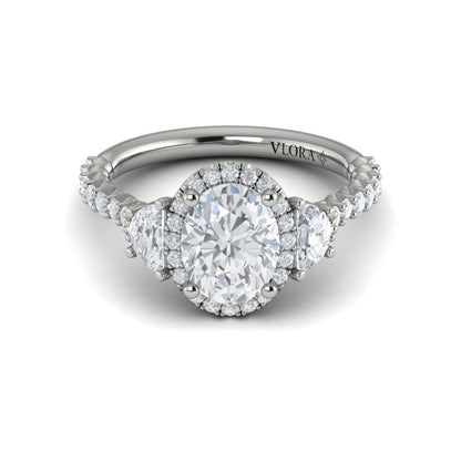 Oval Three Stone, Halo Engagement Ring in Platinum by Vlora Bridal