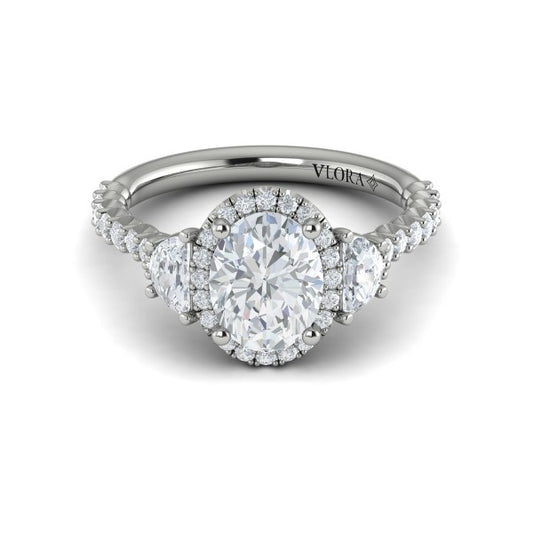 Oval Three Stone, Halo Engagement Ring in Platinum by Vlora Bridal