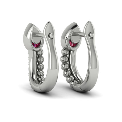 Pear Shaped Bezel Set Ruby and Diamond Huggie Earrings