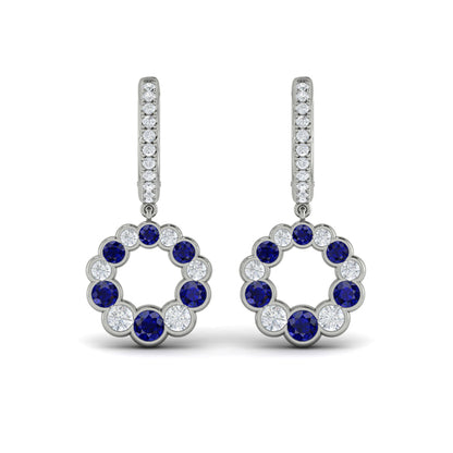 Round Bezel Set Diamond and Sapphire Circle Drop Earring