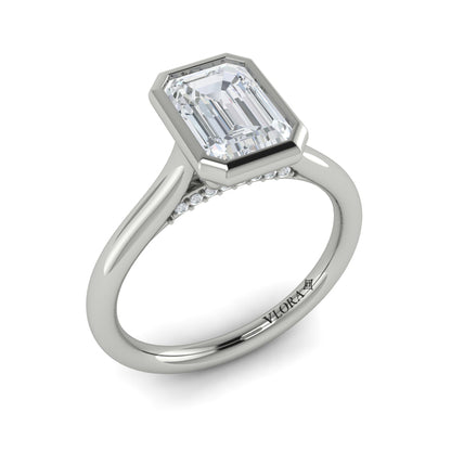 Emerald Cut Solitaire, Bezel Engagement Ring in Platinum by Vlora Bridal