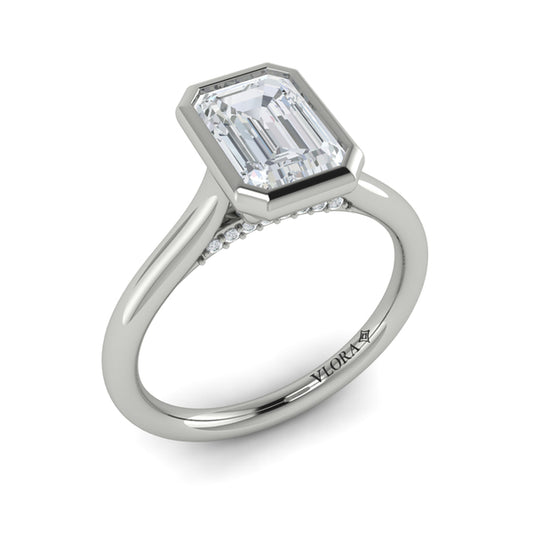 Emerald Cut Solitaire, Bezel Engagement Ring in Platinum by Vlora Bridal