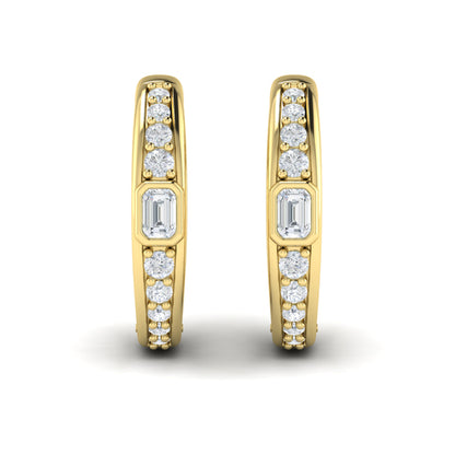Bezel Set Emerald and Round Diamond Hoop Earrings