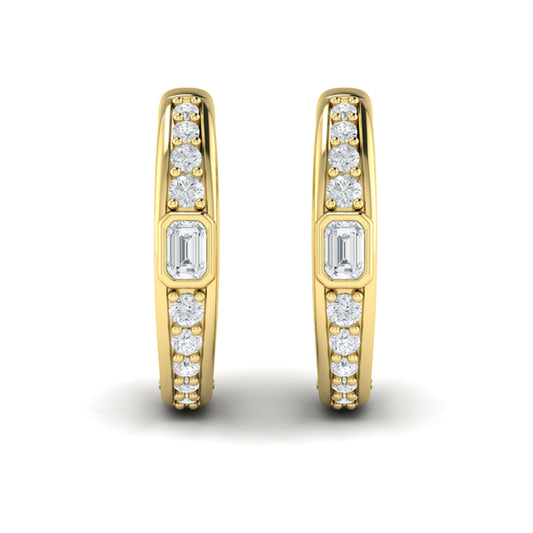 Bezel Set Emerald and Round Diamond Hoop Earrings