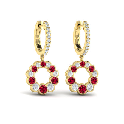 Round Bezel Set Diamond and Ruby Circle Drop Earring