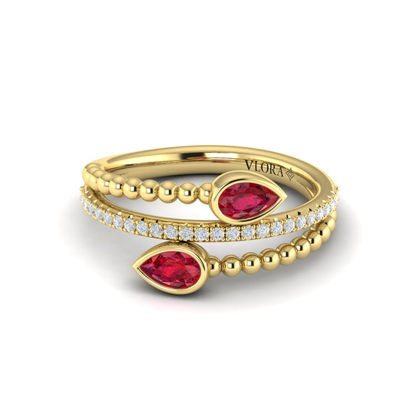 Bezel Set Pear shaped Ruby and Diamond Wrap Ring