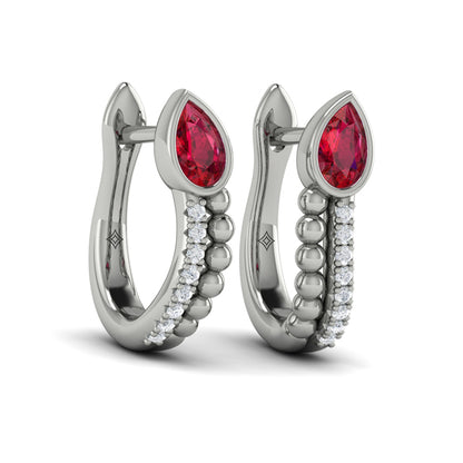 Pear Shaped Bezel Set Ruby and Diamond Huggie Earrings