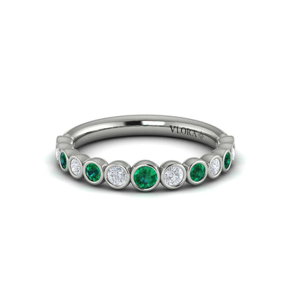 Round Bezel Set Diamond and Emerald Ring