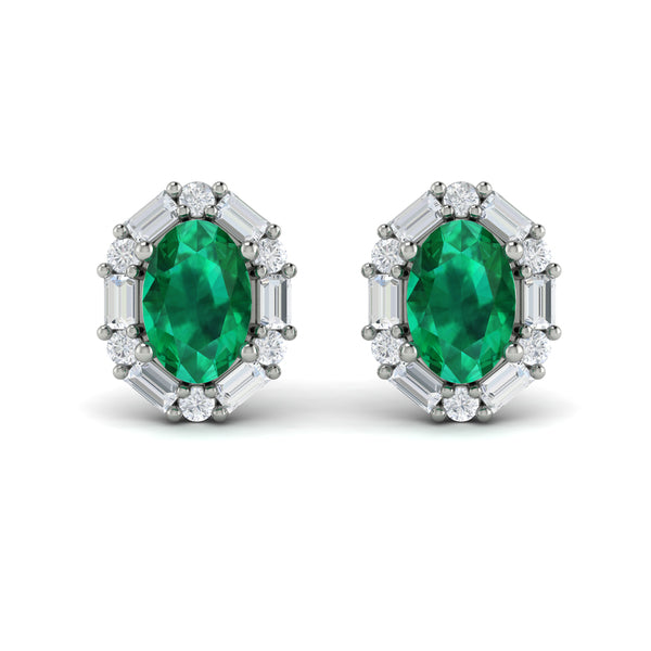 Oval Emerald and Diamond Baguette Earrings