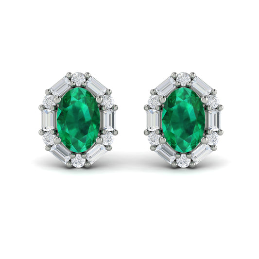 Oval Emerald and Diamond Baguette Earrings