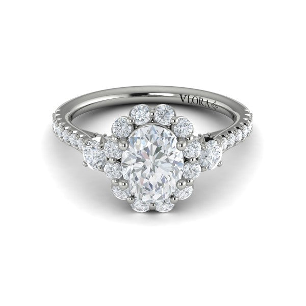 Oval Three Stone, Halo Engagement Ring in Platinum by Vlora Bridal
