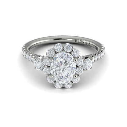 Oval Three Stone, Halo Engagement Ring in Platinum by Vlora Bridal