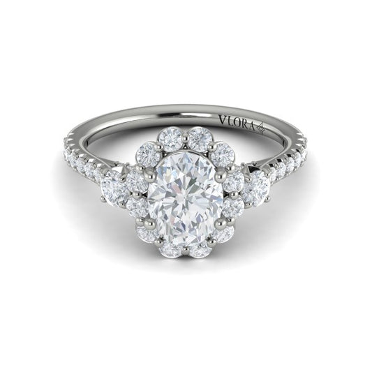Oval Three Stone, Halo Engagement Ring in Platinum by Vlora Bridal