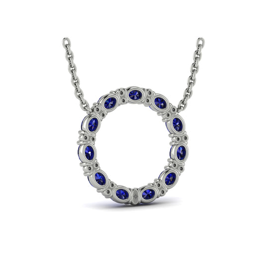 Oval Blue Sapphire and Diamond Open Circle Pendant Necklace