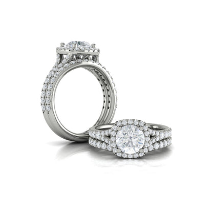 Round Halo, Split Shank Engagement Ring in Platinum by Vlora Bridal