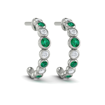 Round Bezel Set Diamond and Emerald Circle Hoop Earring