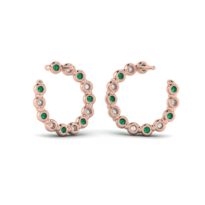 Forward-facing Diamond and Emerald  Open Hoop Earrings