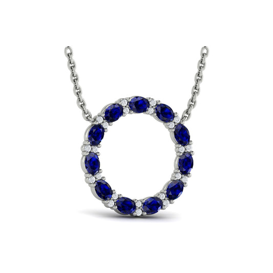 Oval Blue Sapphire and Diamond Open Circle Pendant Necklace