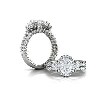 Oval Three Stone, Halo Engagement Ring in 14K White Gold by Vlora Bridal