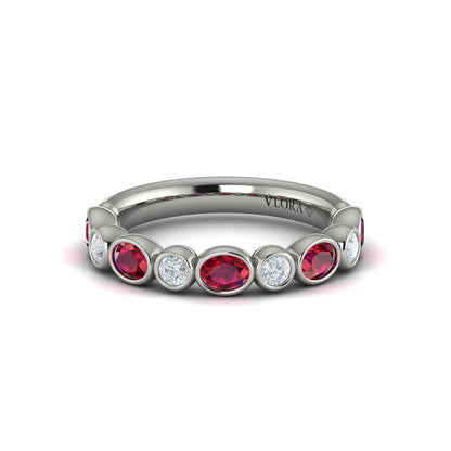 Oval and Round Bezel Set Diamond and Ruby Ring