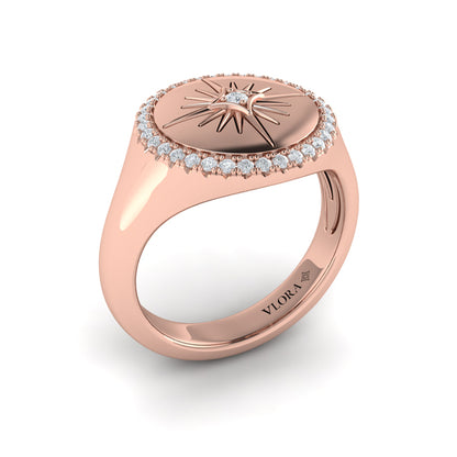 Center Starburst Diamond and Bezel Signet Ring