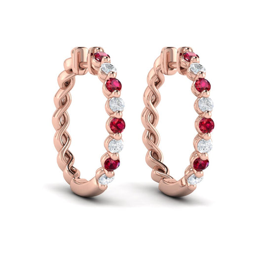 Diamond and Ruby Twist Hoop Earrings