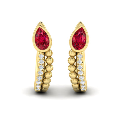 Pear Shaped Bezel Set Ruby and Diamond Huggie Earrings