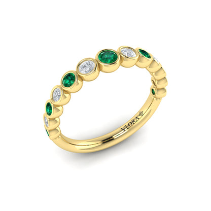 Round Bezel Set Diamond and Emerald Ring