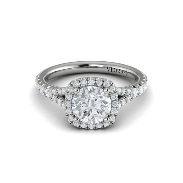 Round Halo, Split Shank Engagement Ring in Platinum by Vlora Bridal