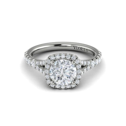 Round Halo, Split Shank Engagement Ring in Platinum by Vlora Bridal