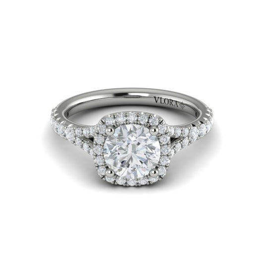 Round Halo, Split Shank Engagement Ring in Platinum by Vlora Bridal