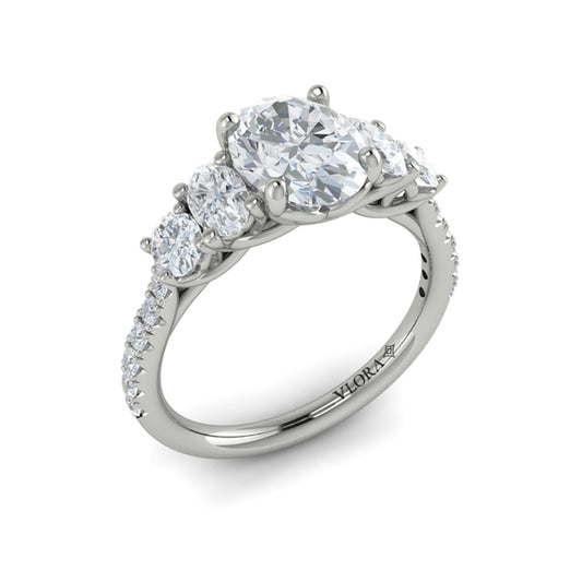 Oval Classic, Three Stone Engagement Ring in Platinum by Vlora Bridal