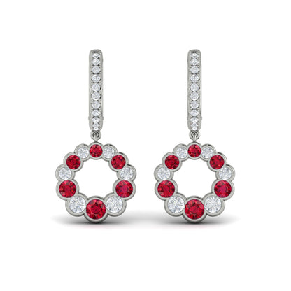Round Bezel Set Diamond and Ruby Circle Drop Earring