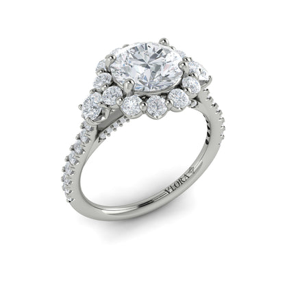 Round Three Stone, Halo Engagement Ring in Platinum by Vlora Bridal