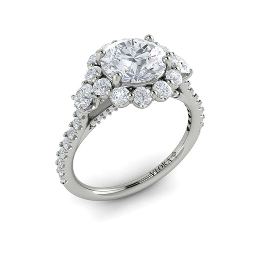 Round Three Stone, Halo Engagement Ring in Platinum by Vlora Bridal