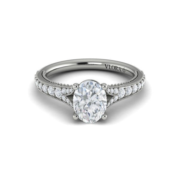 Oval Classic, Modern Vintage, Split Shank Engagement Ring in Platinum by Vlora Bridal