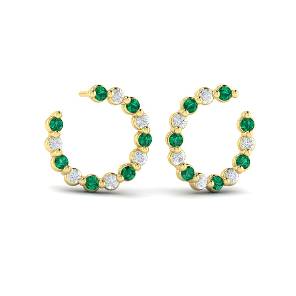 Forward-facing Diamond and Emerald  Open Hoop Earrings