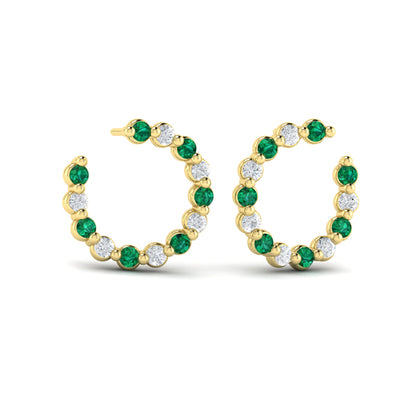 Forward-facing Diamond and Emerald  Open Hoop Earrings